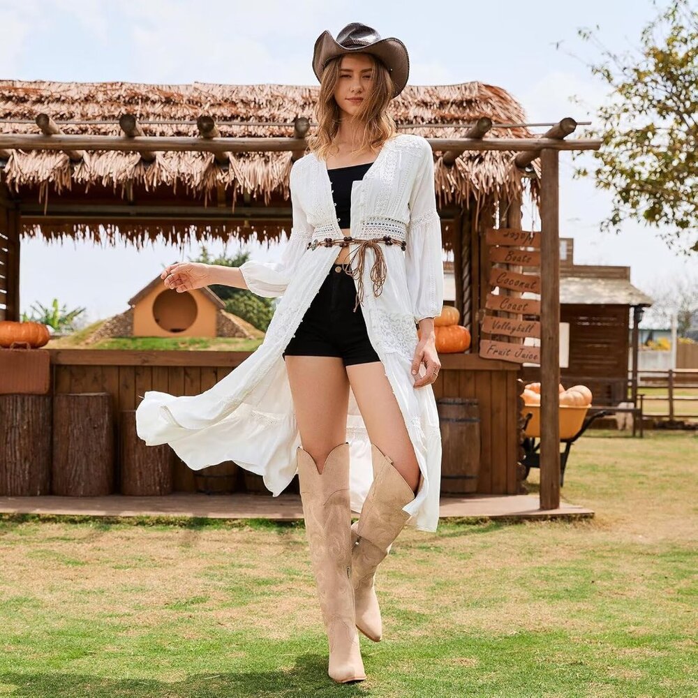 Women Over Knee Apricot Faux Leather Pull On Tab Chunky Heel Pointed Toe Boots - Picture 6 of 7